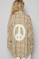 POL OVERSIZED Plaid Top with Peace Sign Patches in Tan Multi