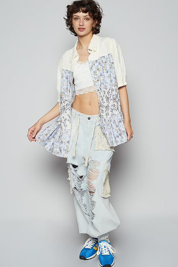 POL A-Line Mixed Fabric Tiered Top in Ivory/Blue