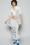 POL A-Line Mixed Fabric Tiered Top in Ivory/Blue