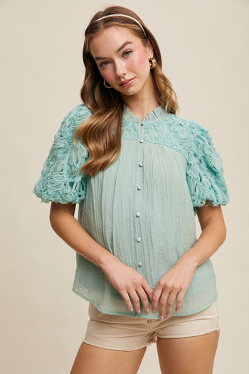Listicle Solid Color Top with Shaggy Fringe and Puff Sleeves in Aqua Mint