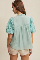Listicle Solid Color Top with Shaggy Fringe and Puff Sleeves in Aqua Mint