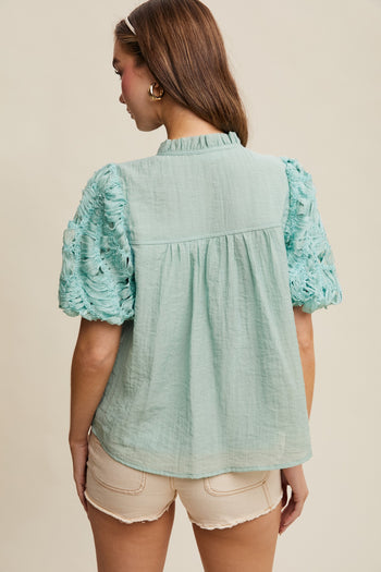 Listicle Solid Color Top with Shaggy Fringe and Puff Sleeves in Aqua Mint