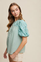 Listicle Solid Color Top with Shaggy Fringe and Puff Sleeves in Aqua Mint