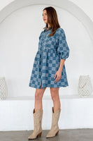 TRENDiLiTY Gingham Button Down Dress in Denim