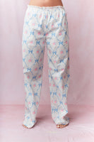 Peach Love Cotton Poplin Bow and Rose Print Lounge Pants in White