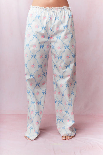 Peach Love Cotton Poplin Bow and Rose Print Lounge Pants in White