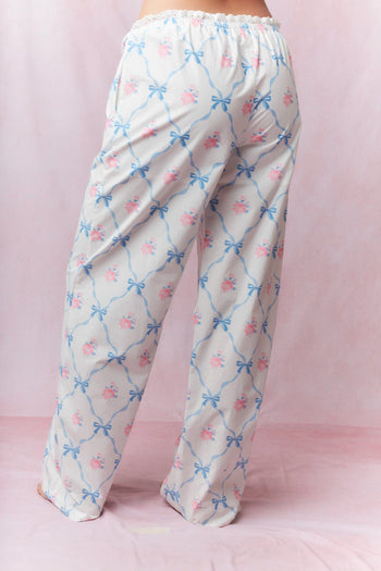Peach Love Cotton Poplin Bow and Rose Print Lounge Pants in White