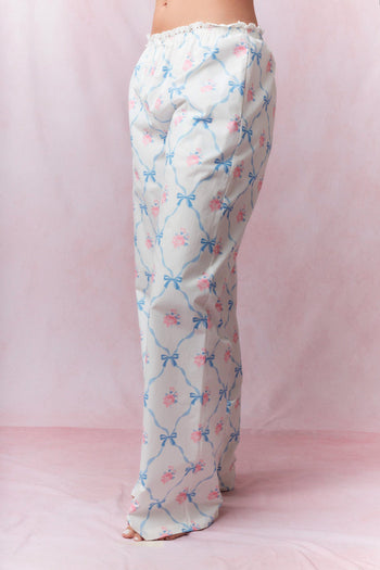 Peach Love Cotton Poplin Bow and Rose Print Lounge Pants in White