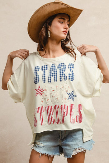 BiBi Oversized French Terry Top with Stars and Stripes Patchwork in Cream