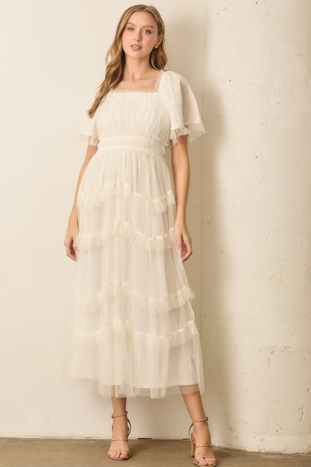 Polagram Sheer Ruffled Tulle Maxi Dress in Off White M at June Adel