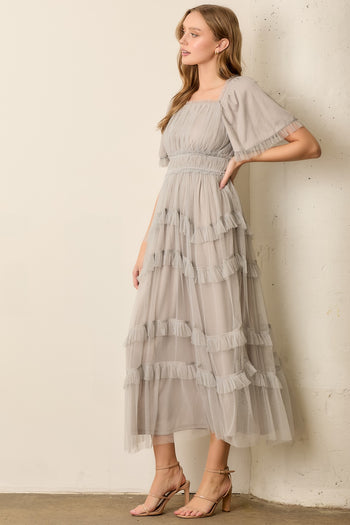 Polgram Sheer Ruffled Tulle Maxi Dress in Grey