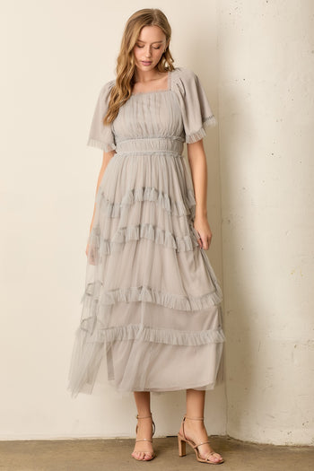Polgram Sheer Ruffled Tulle Maxi Dress in Grey S Polgram Sheer Ruffled Tulle Maxi Dress in Grey S
