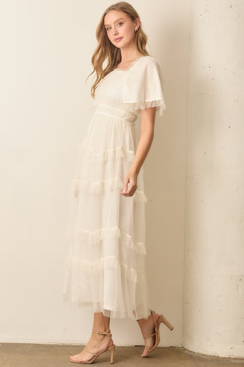 Polgram Sheer Ruffled Tulle Maxi Dress in Off White
