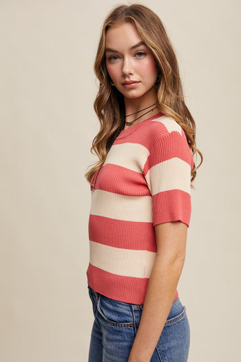 Listicle Striped Ribbed Knit Top in Coral