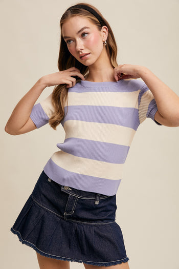 Listicle Striped Ribbed Knit Top in Periwinkle