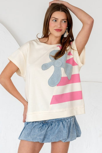 TRENDiLiTY Mix n Match Stripe and Flower Patch Top in Ivory Mix