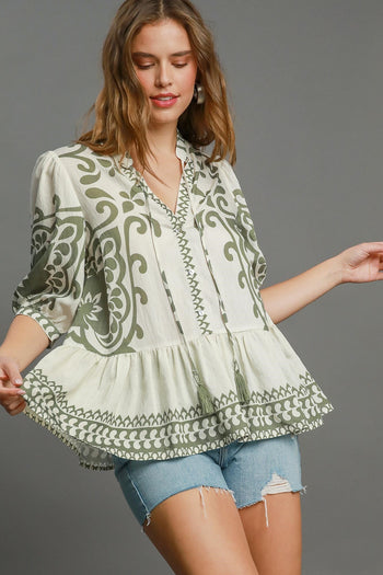 Umgee Abstract Print and Bordered Top in Sage