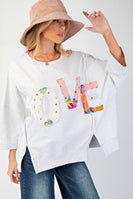 Easel OVERSIZED Top with Mixed Print LOVE Letter Patch Front in Light Heather Grey