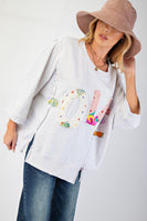 Easel OVERSIZED Top with Mixed Print LOVE Letter Patch Front in Light Heather Grey