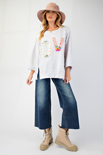 Easel OVERSIZED Top with Mixed Print LOVE Letter Patch Front in Light Heather Grey