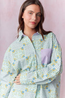 Peach Love Multi Floral Block Printed Cotton Poplin Shirt in Sage/Purple/Multi