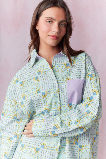 Peach Love Multi Floral Block Printed Cotton Poplin Shirt in Sage/Purple/Multi