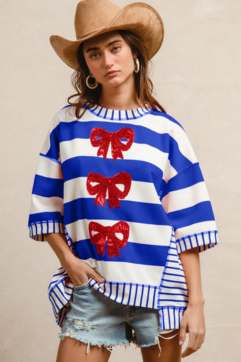 BiBi OVERSIZED Mix n Match Stripe Top with Sequin Bows in Royal Blue