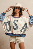 BiBi OVERSIZED Color Block Top with USA Denim Patches in Oatmeal/Denim