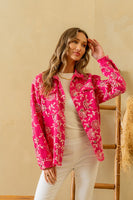 Sew in Love Eyelet Floral Embroidered Denim Jacket in Hot Pink