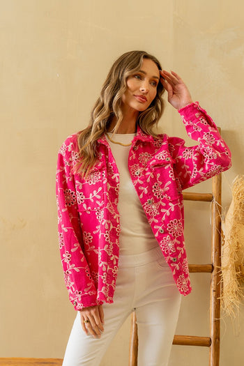 Sew in Love Eyelet Floral Embroidered Denim Jacket in Hot Pink