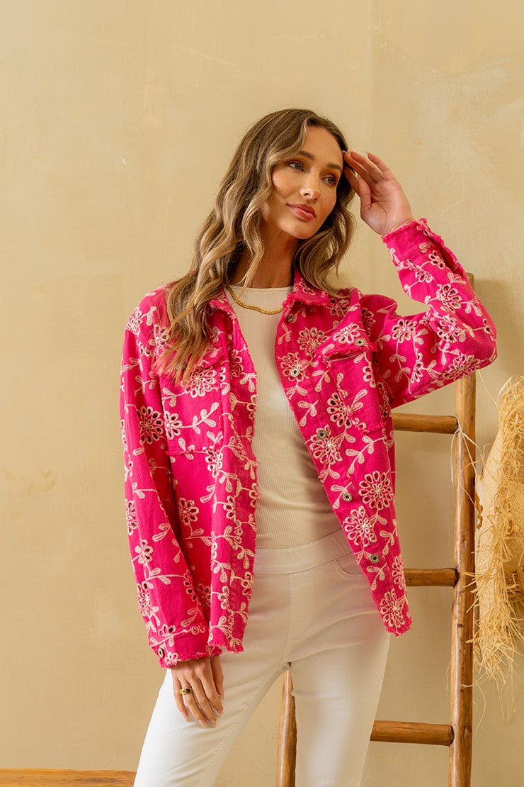 Sew in Love Eyelet Floral Embroidered Denim Jacket in Hot Pink
