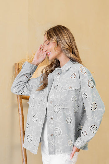 Sew in Love Eyelet Floral Embroidered Denim Jacket in Light Denim