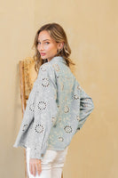 Sew in Love Eyelet Floral Embroidered Denim Jacket in Light Denim