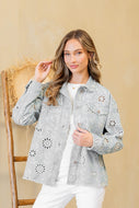 Sew in Love Eyelet Floral Embroidered Denim Jacket in Light Denim