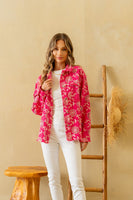 Sew in Love Eyelet Floral Embroidered Denim Jacket in Hot Pink