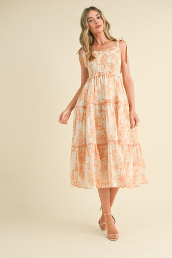 &merci Tiered Floral Print Midi Dress in Off White Dark Amber