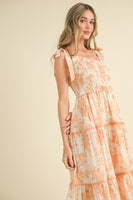 &merci Tiered Floral Print Midi Dress in Off White Dark Amber
