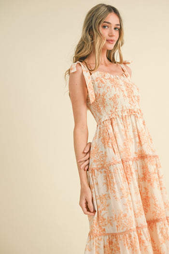 &merci Tiered Floral Print Midi Dress in Off White Dark Amber