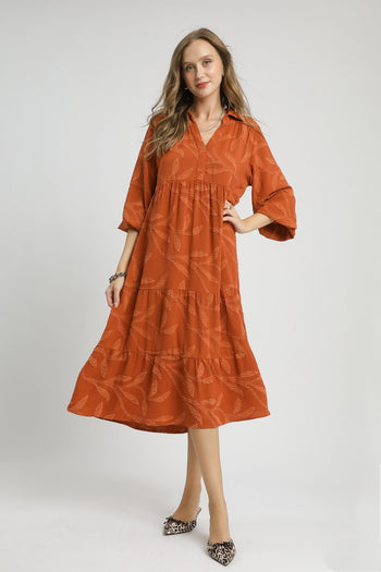 Umgee Solid Color Textured Leaf Pattern Midi Dress in Rust