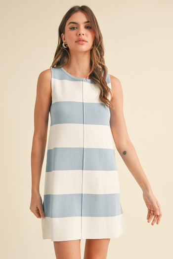 Klesis Lightweight Striped Knit Sweater Dress in Light Blue/Ivory
