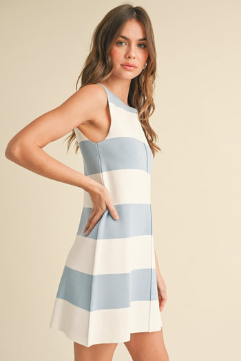 Klesis Lightweight Striped Knit Sweater Dress in Light Blue/Ivory