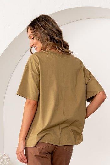 Sew in Love OVERSIZED Solid Color Top with Contrasting Denim Pocket in Olive