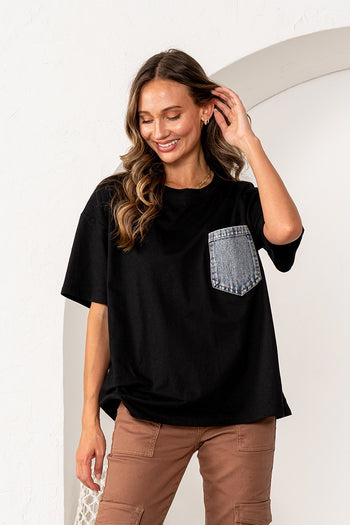 Sew in Love OVERSIZED Solid Color Top with Contrasting Denim Pocket in Black