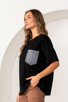 Sew in Love OVERSIZED Solid Color Top with Contrasting Denim Pocket in Black