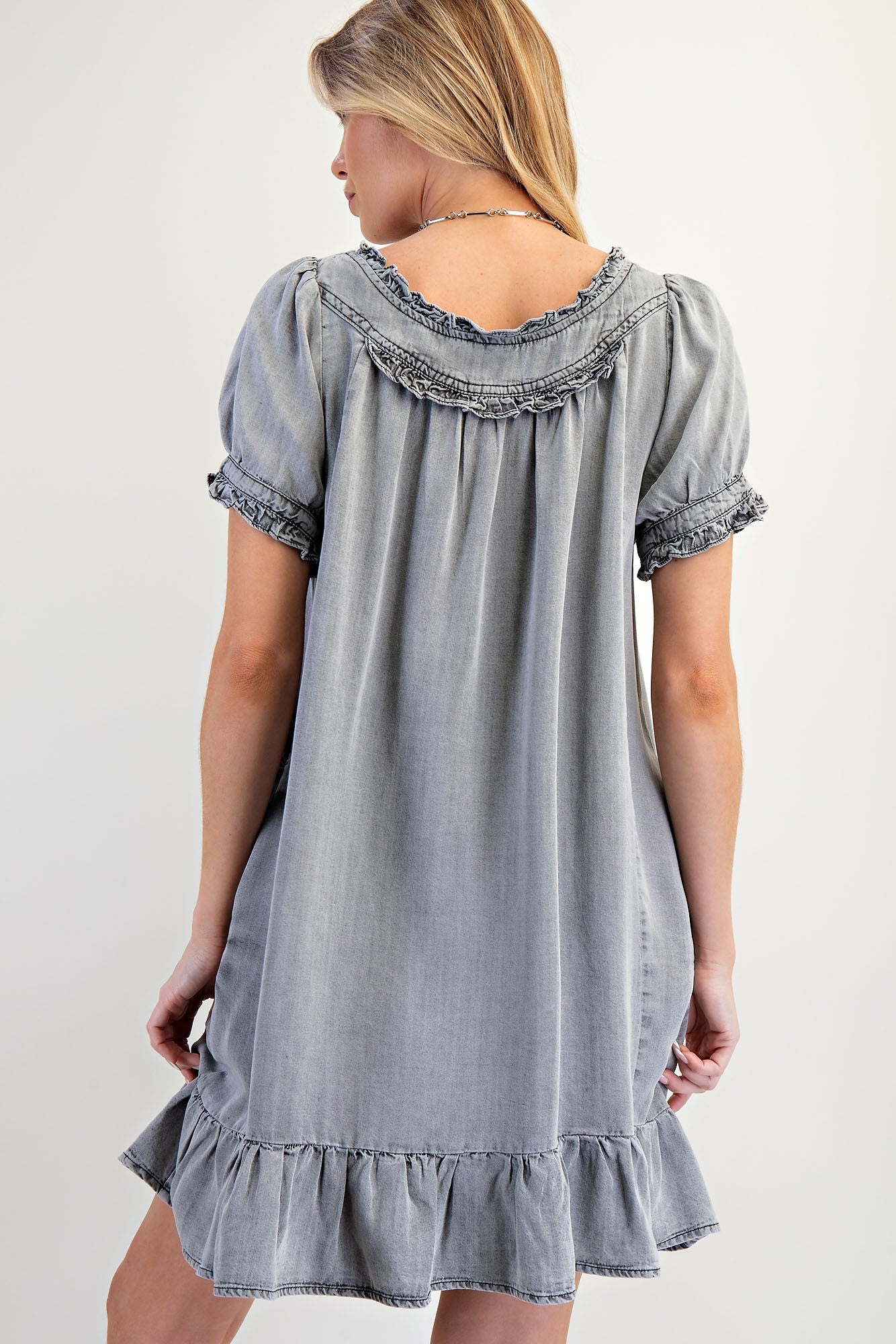 Easel Ruffled Detailed Chambray Dress in Black Denim – June Adel