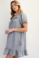 Easel Ruffled Detailed Chambray Dress in Black Denim