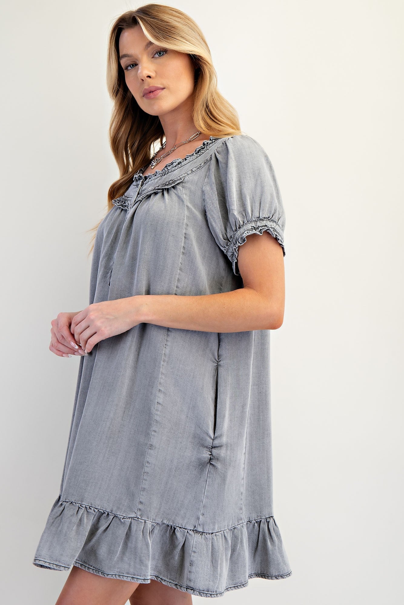 Easel Ruffled Detailed Chambray Dress in Black Denim – June Adel