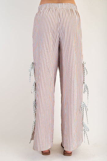 ee:some Striped Print Pants with Open Side Hem with Contrasting Color Ribbon Ties in Coco