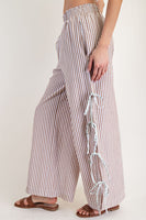 ee:some Striped Print Pants with Open Side Hem with Contrasting Color Ribbon Ties in Coco