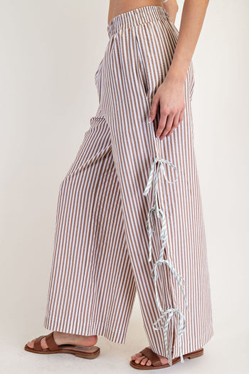 ee:some Striped Print Pants with Open Side Hem with Contrasting Color Ribbon Ties in Coco